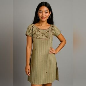 Vintage Ethnic Beaded Striped Dress Lined Embroidered Boho Festival Medium Rare